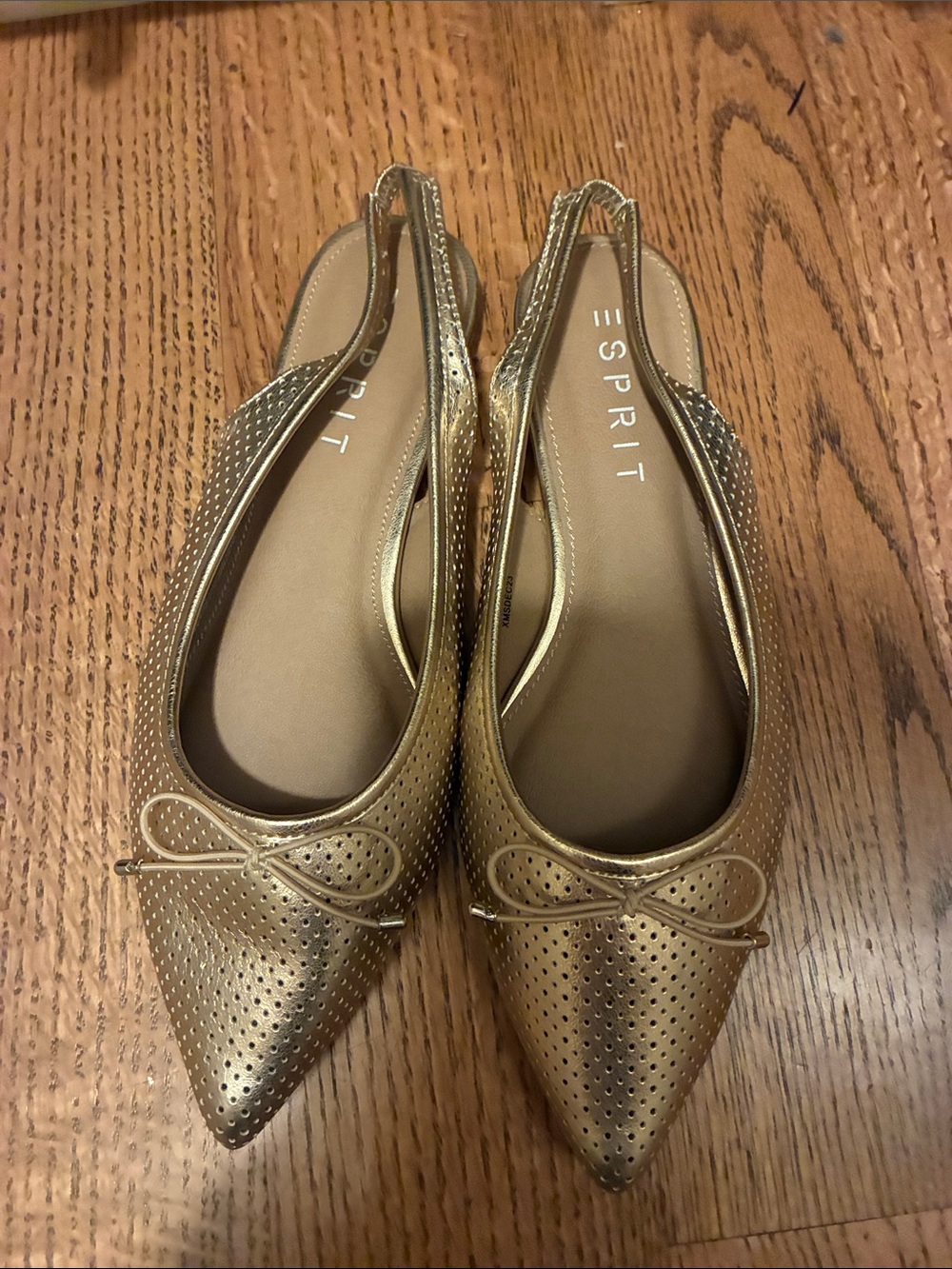 Esprit Metallic Gold Pointed Toe Perforated Slingback Flats